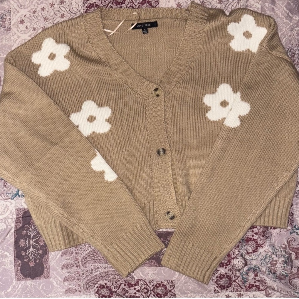 Love Tree Beige Cardigan with White Floral Accents